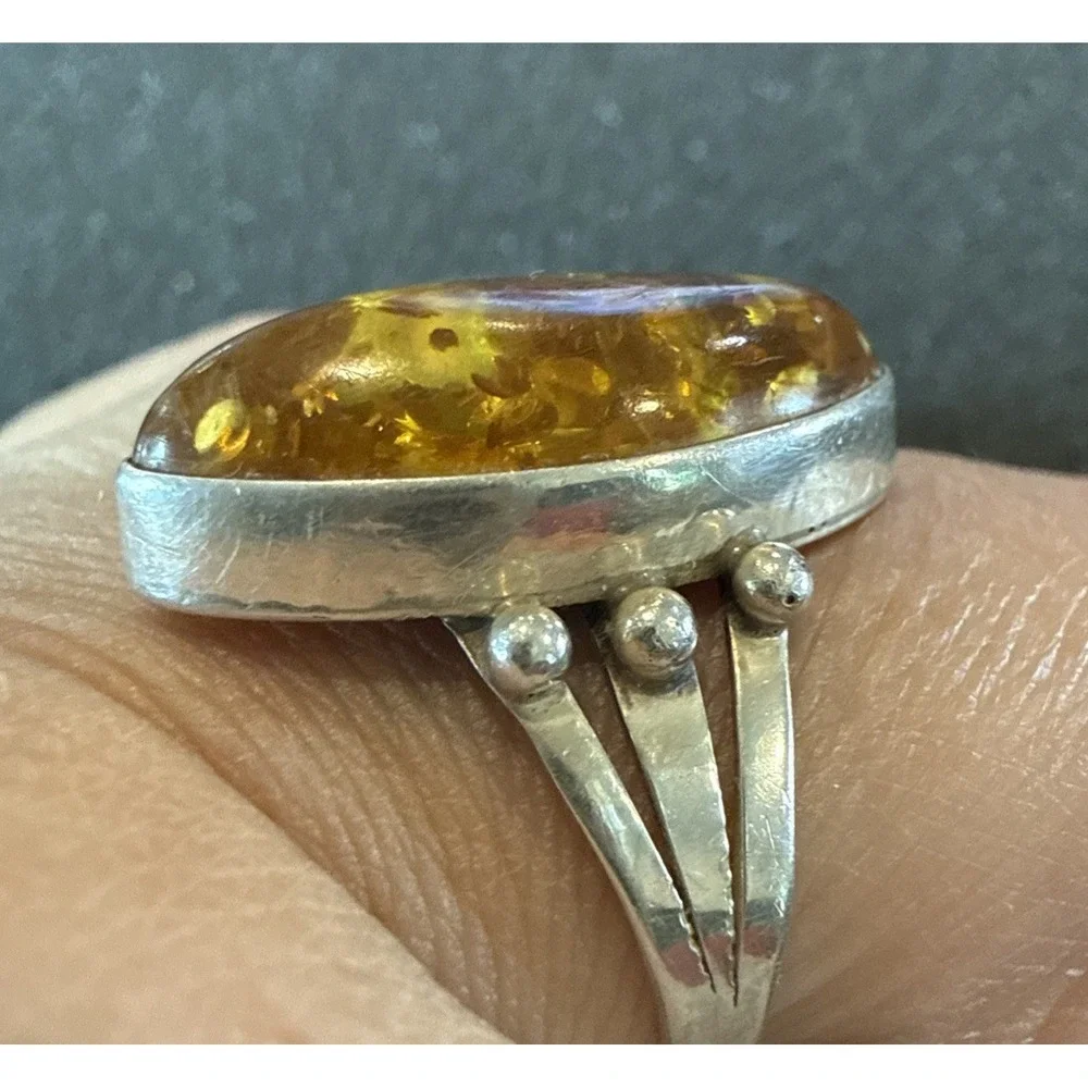 Vintage Navajo Sterling Silver Baltic Amber Ring John Delvin Signed Split Shank